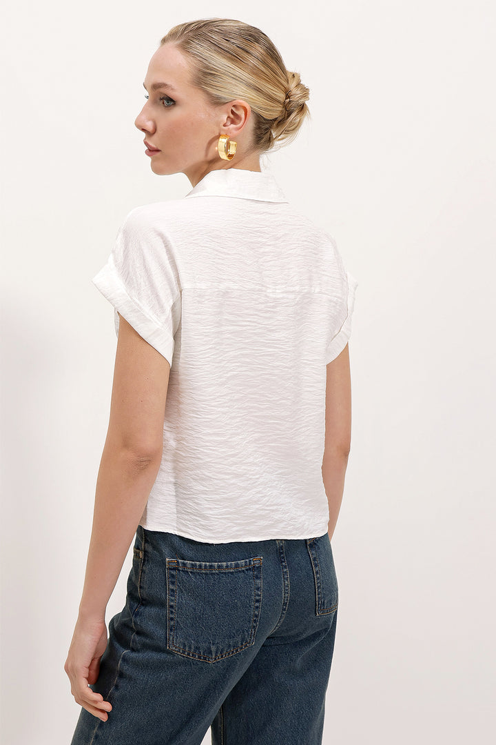 BGD Women Double Pocket Short Sleeve Shirt - White - Aranjuez