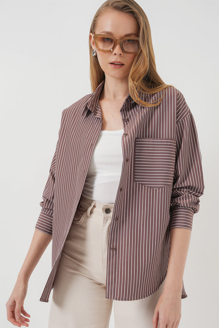 BGD Women Striped Oversized Shirt - Brown - Dzhankoi