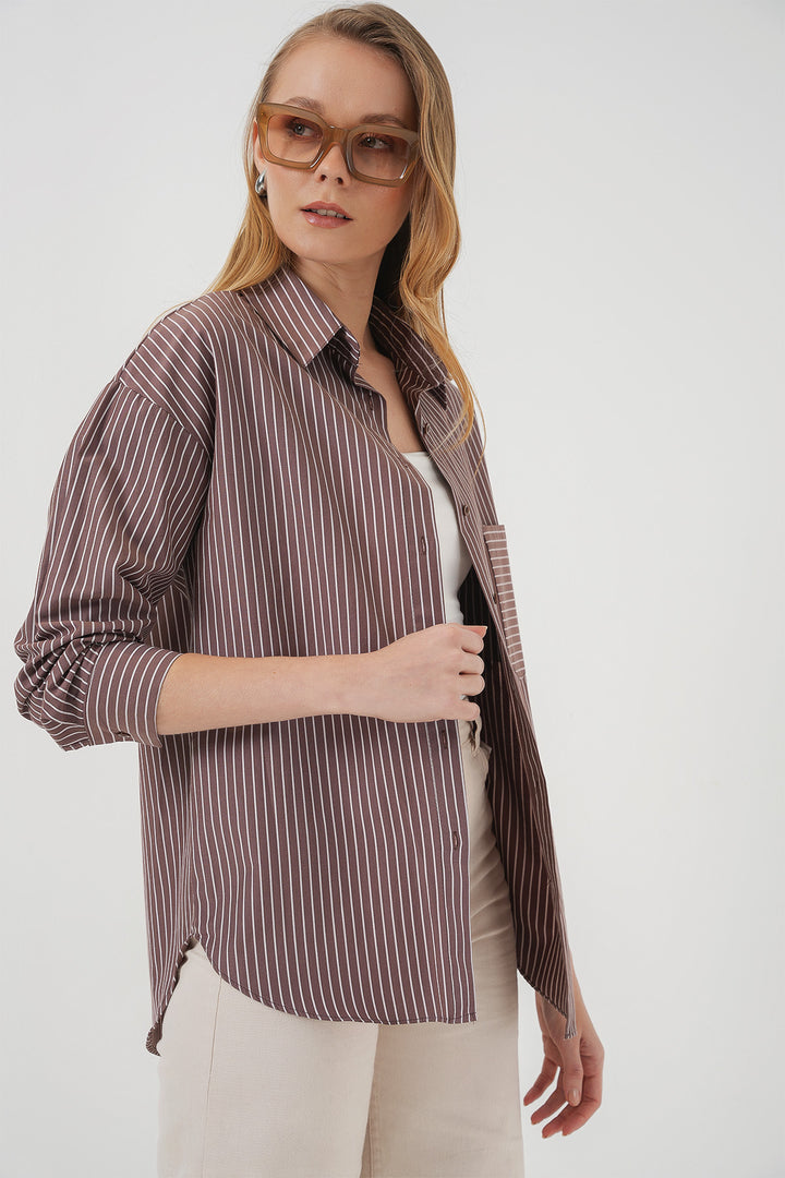 BGD Women Striped Oversized Shirt - Brown - Dzhankoi
