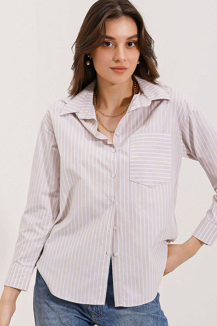 BGD Women Striped Oversized Shirt - Cream - Avondale