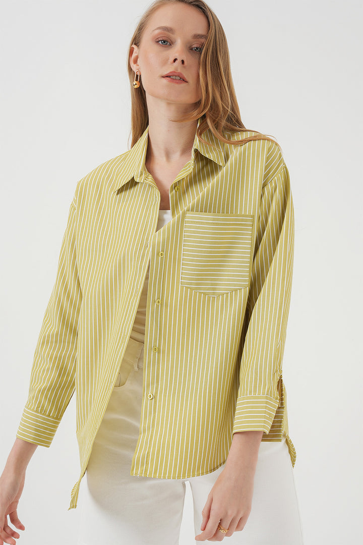 BGD Women Çizgili Oversize Gömlek - Yağ Yeşil - Decatur