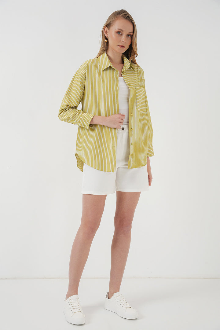 BGD Women Çizgili Oversize Gömlek - Yağ Yeşil - Decatur