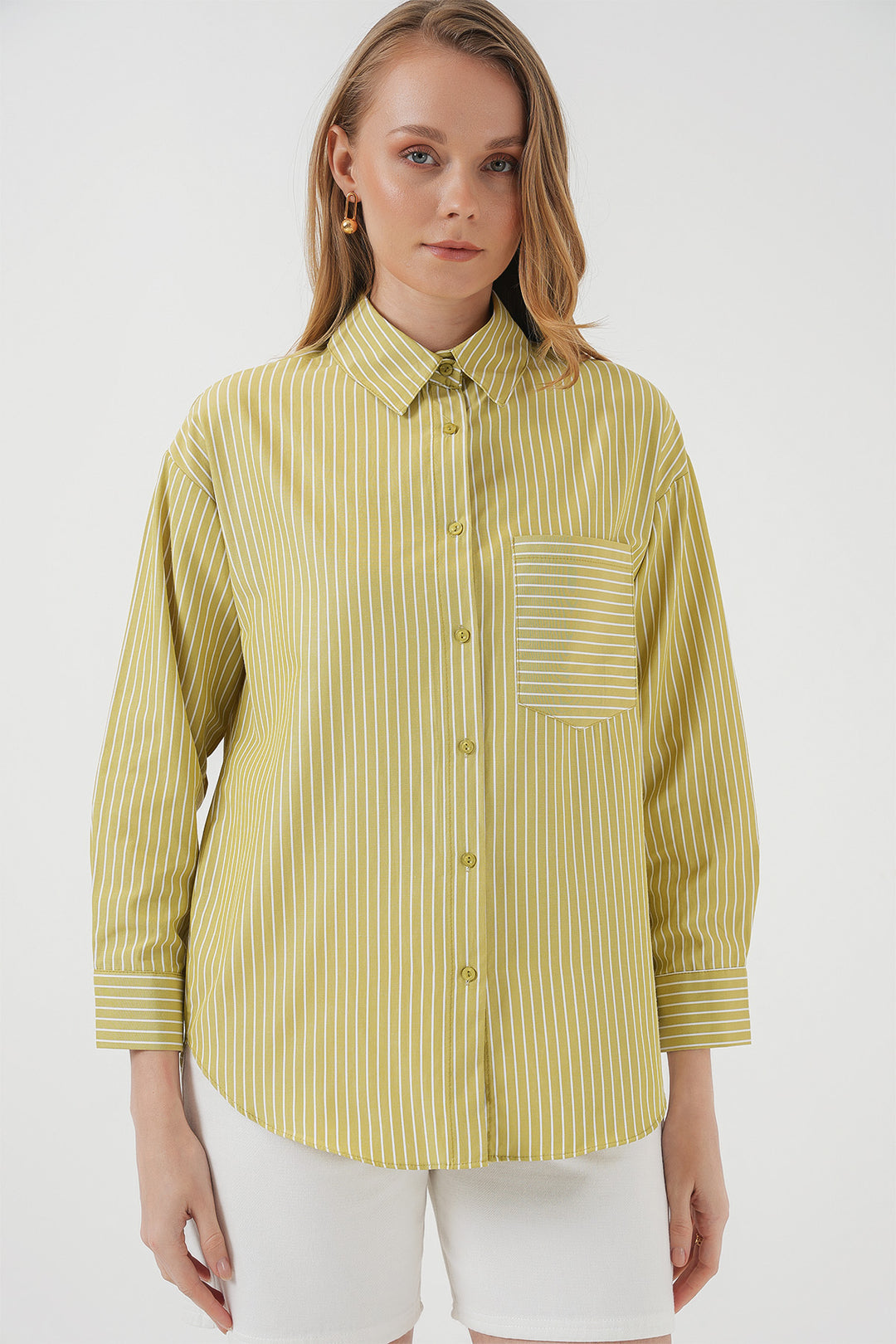 BGD Women Çizgili Oversize Gömlek - Yağ Yeşil - Decatur