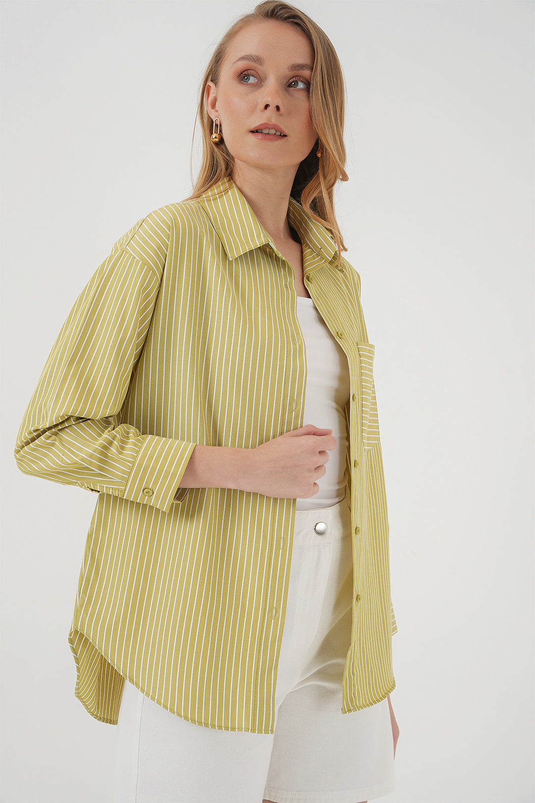 BGD Women Çizgili Oversize Gömlek - Yağ Yeşil - Decatur