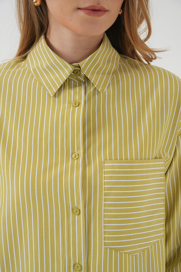 BGD Women Çizgili Oversize Gömlek - Yağ Yeşil - Decatur