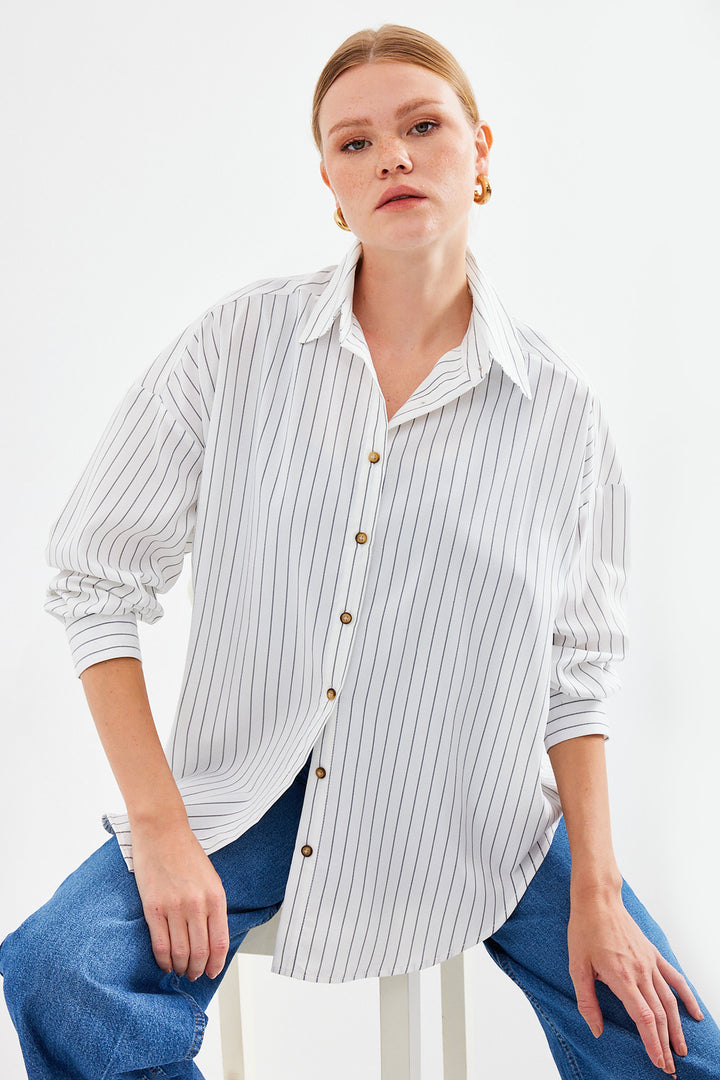 BGD Women Striped Oversized Long Basic T-shirt - White - Solihull