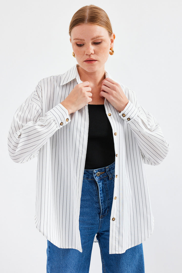 BGD Women Striped Oversized Long Basic T-shirt - White - Solihull