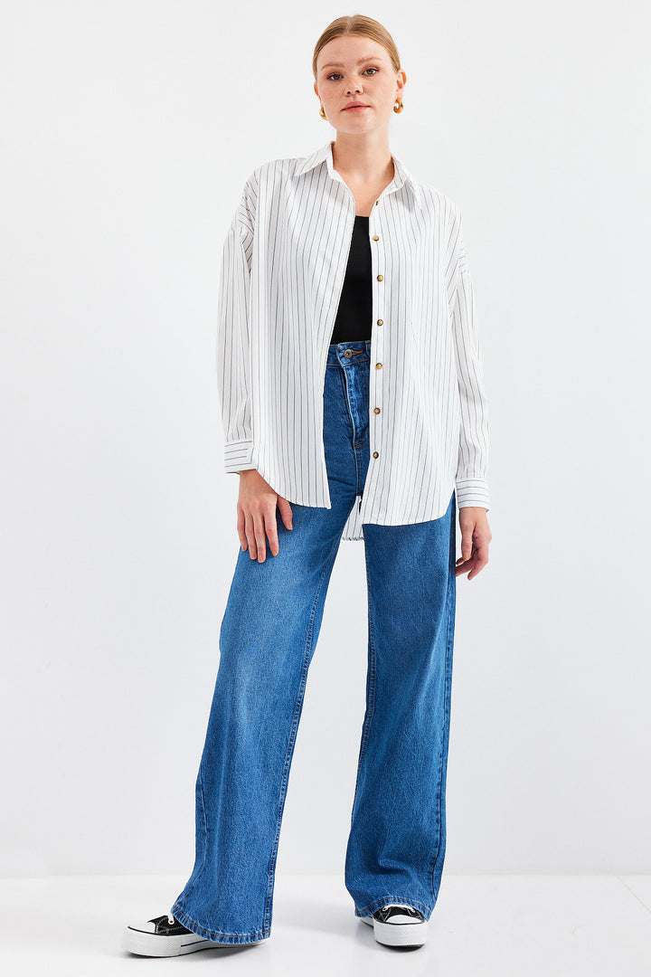 BGD Women Striped Oversized Long Basic T-shirt - White - Solihull