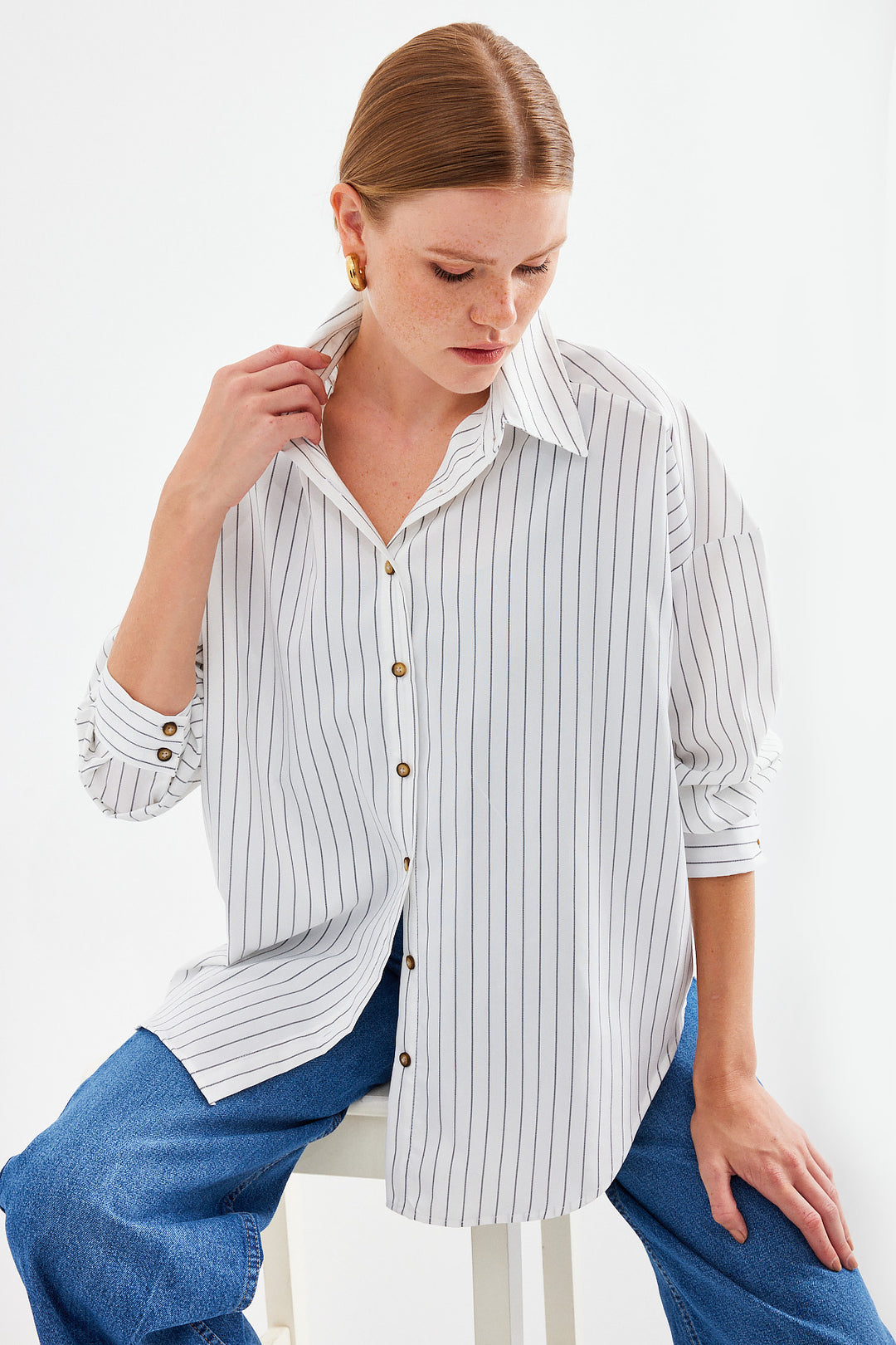 BGD Women Striped Oversized Long Basic T-shirt - White - Solihull