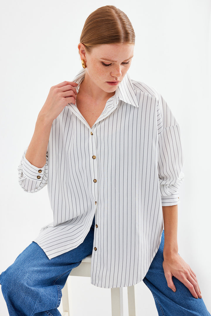 BGD Women Striped Oversized Long Basic T-shirt - White - Solihull