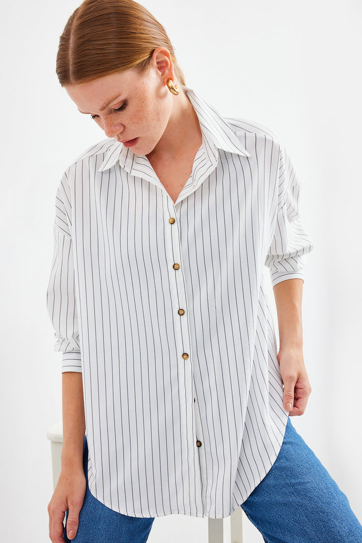 BGD Women Striped Oversized Long Basic T-shirt - White - Solihull
