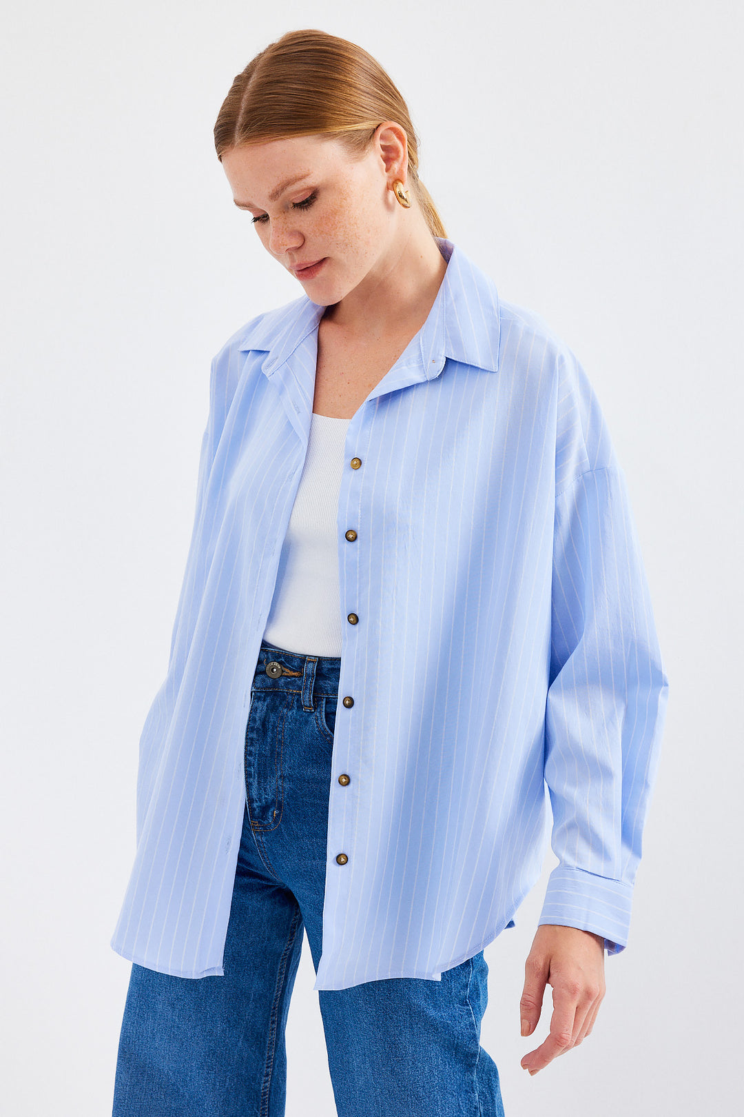 BGD Women Striped Oversized Long Basic T-shirt - Blue - Newcastle