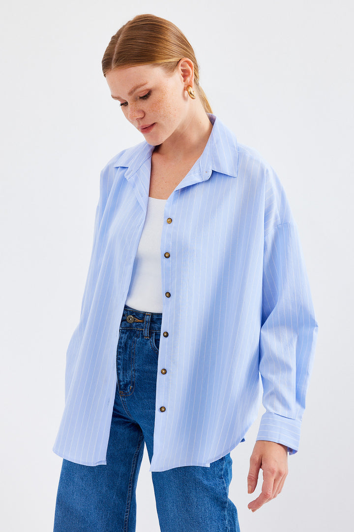 BGD Women Striped Oversized Long Basic T-shirt - Blue - Newcastle