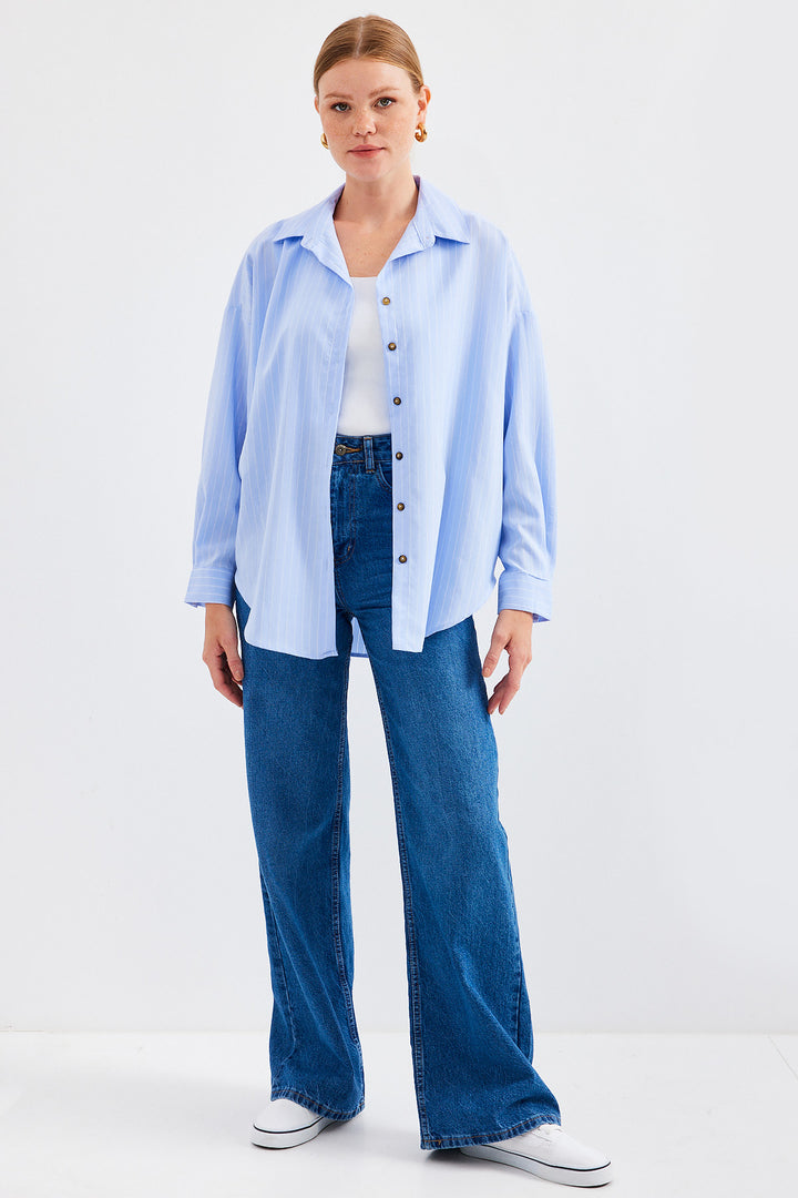 BGD Women Striped Oversized Long Basic T-shirt - Blue - Newcastle