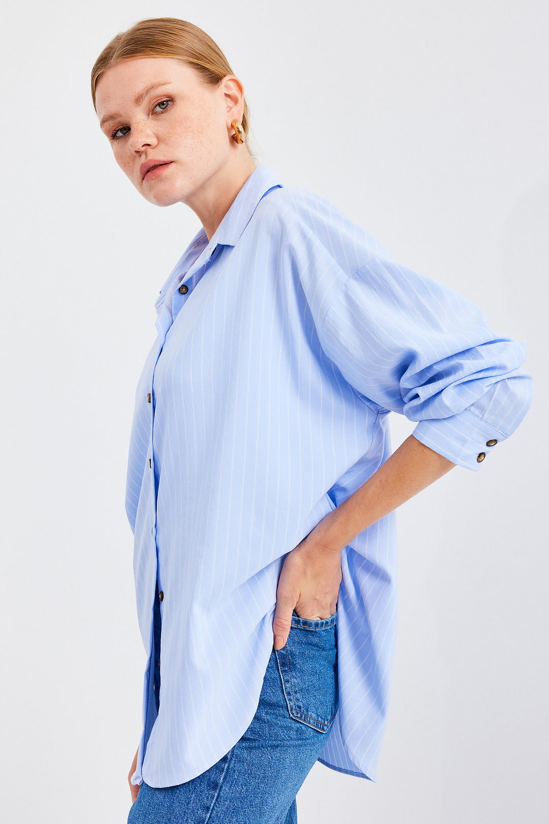 BGD Women Striped Oversized Long Basic T-shirt - Blue - Newcastle