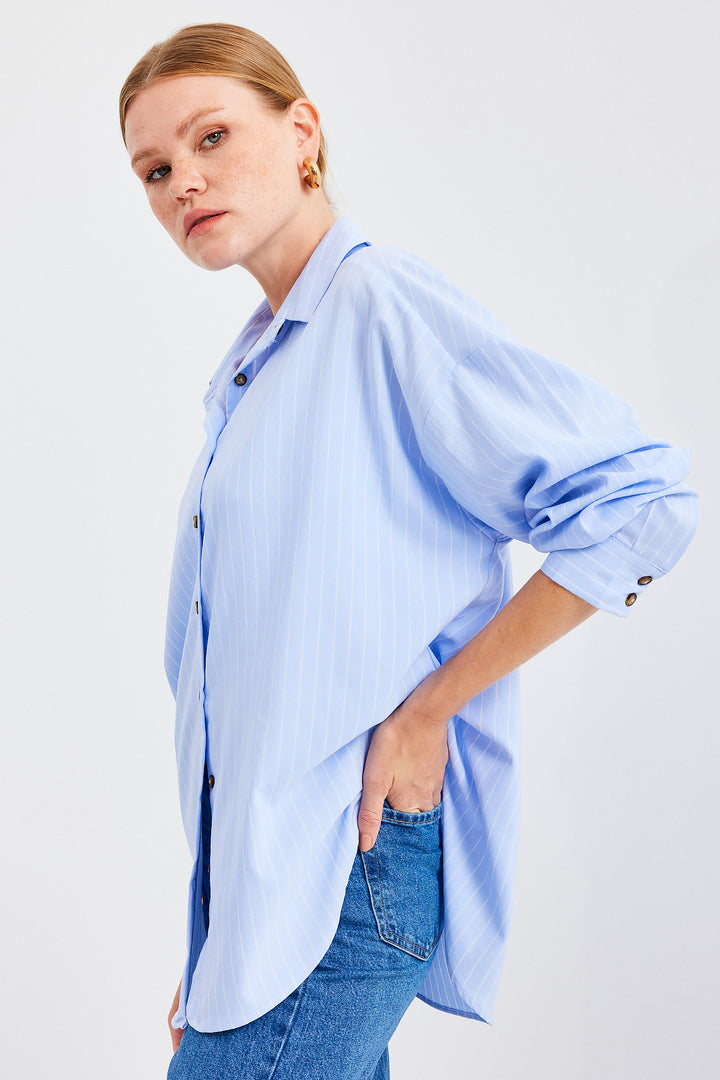 BGD Women Striped Oversized Long Basic T-shirt - Blue - Newcastle