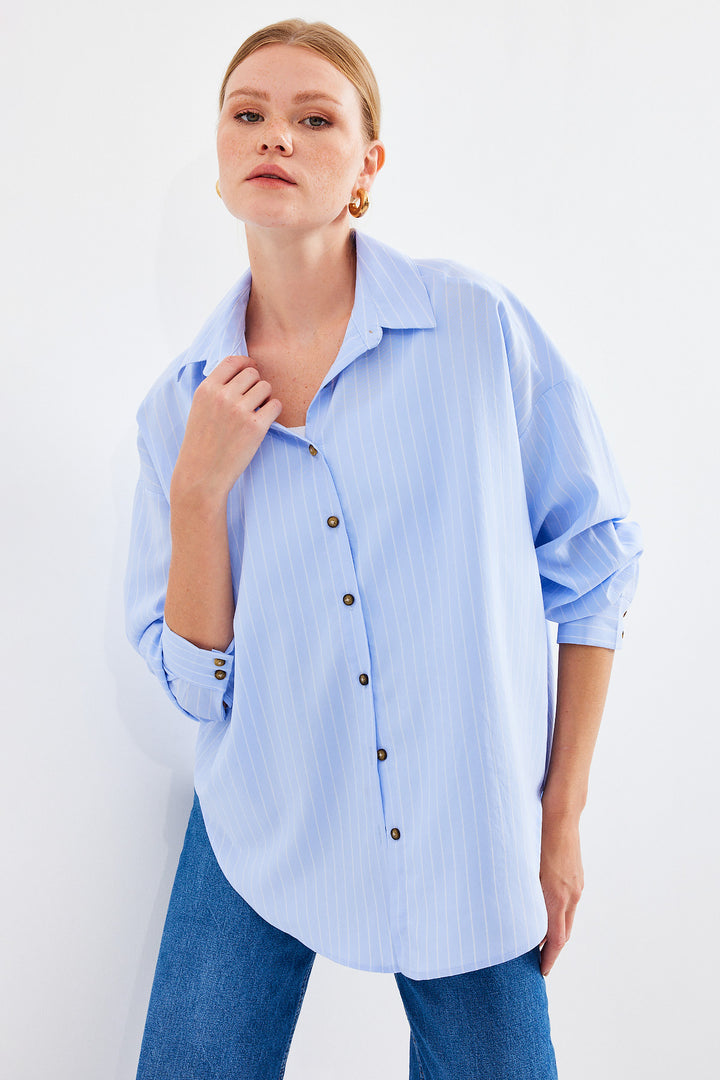 BGD Women Striped Oversized Long Basic T-shirt - Blue - Newcastle
