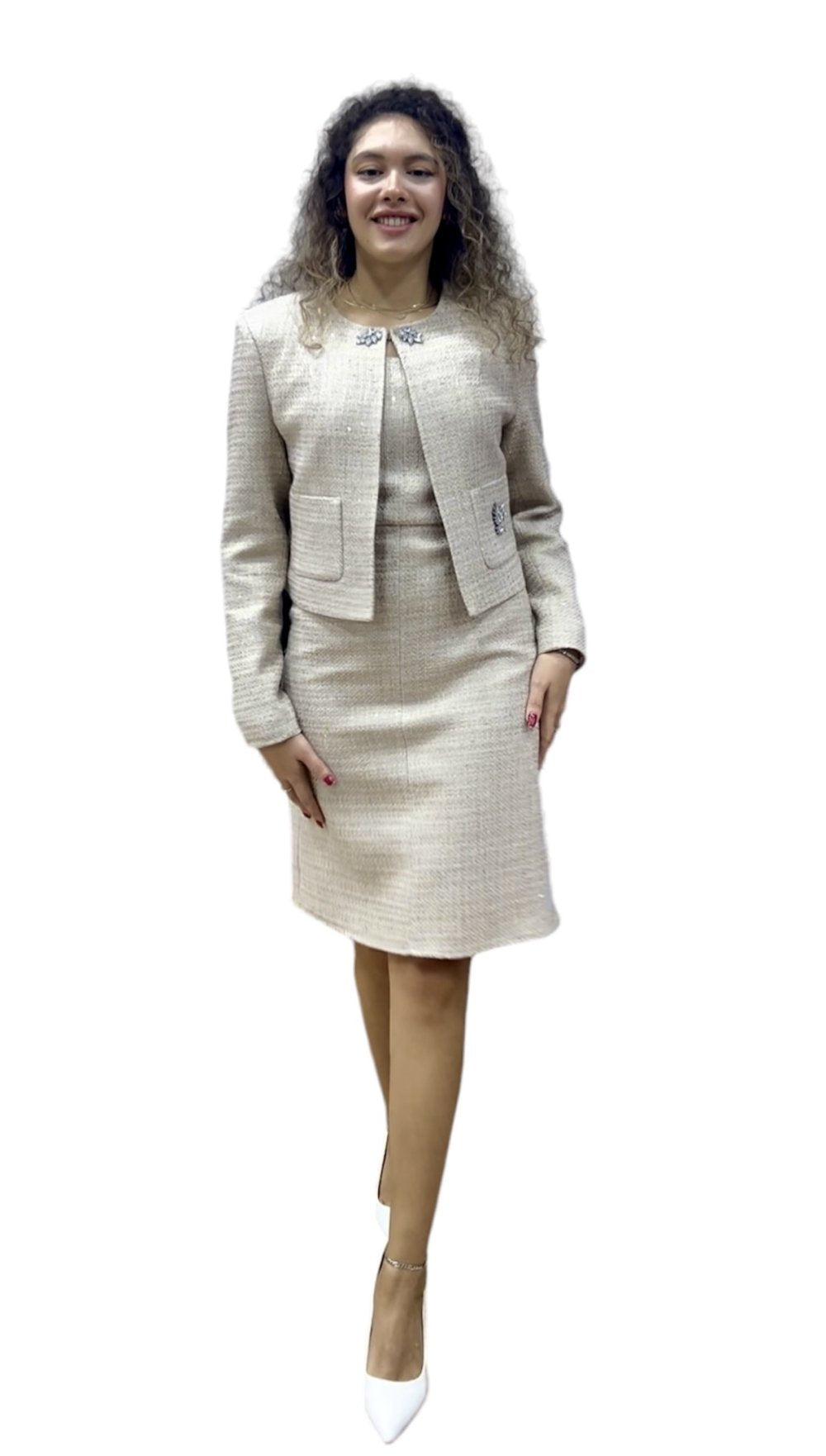 NDL Women Woman Suit with Stone Jacket Dress Beige - Saint Albans