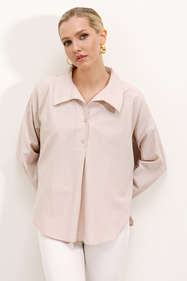 BGD Women Wide Striped Oversized Shirt - Beige - Compton