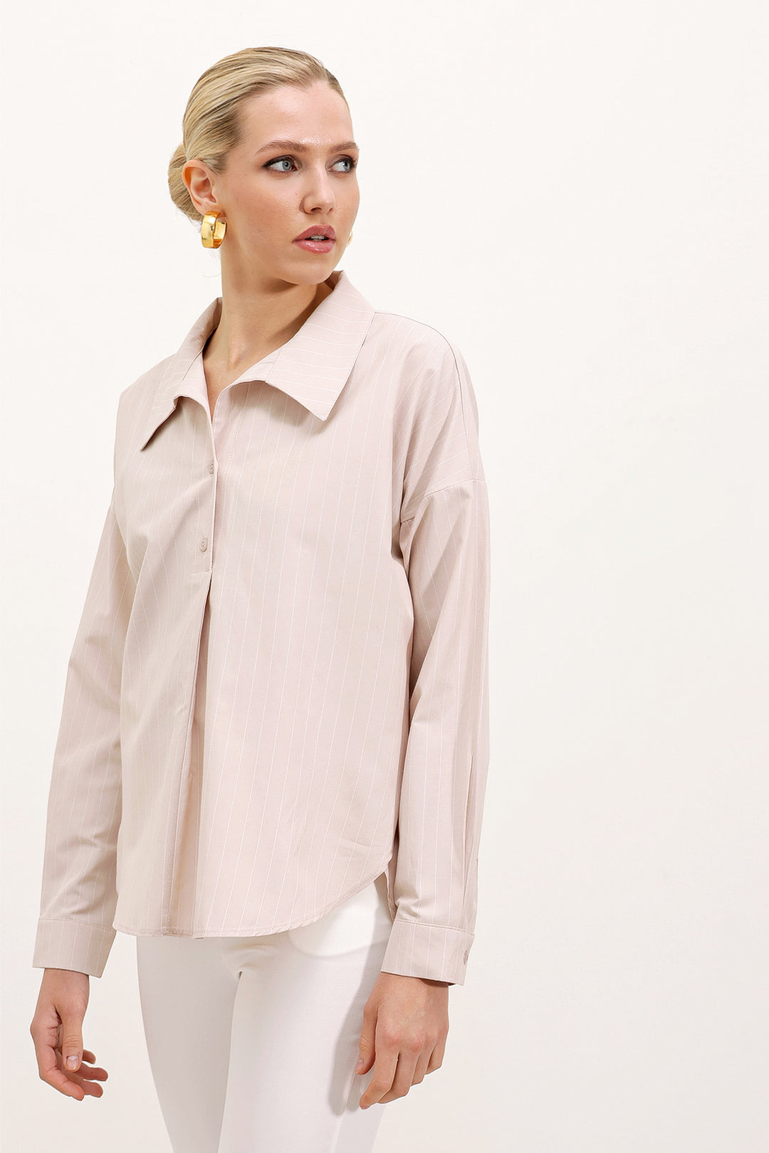 BGD Women Wide Striped Oversized Shirt - Beige - Compton