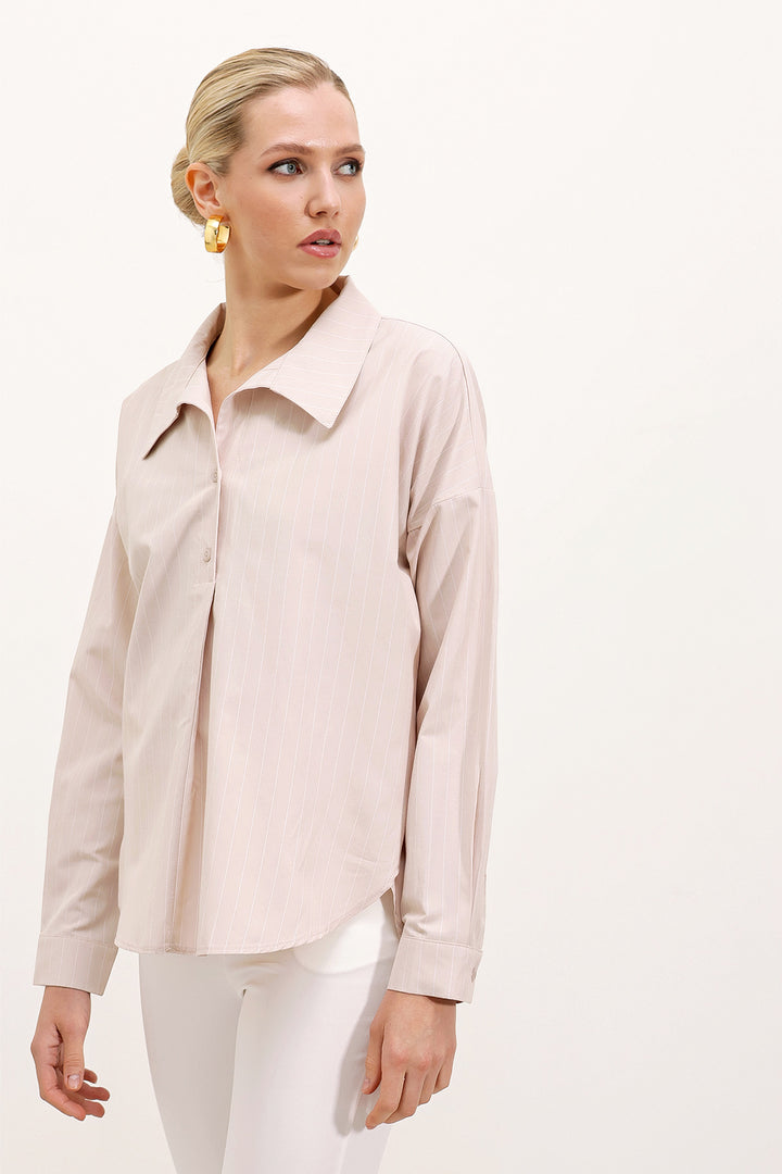 BGD Women Wide Striped Oversized Shirt - Beige - Compton