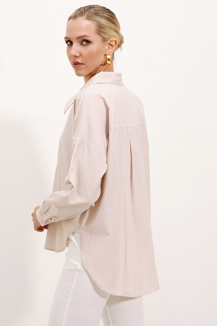 BGD Women Wide Striped Oversized Shirt - Beige - Compton