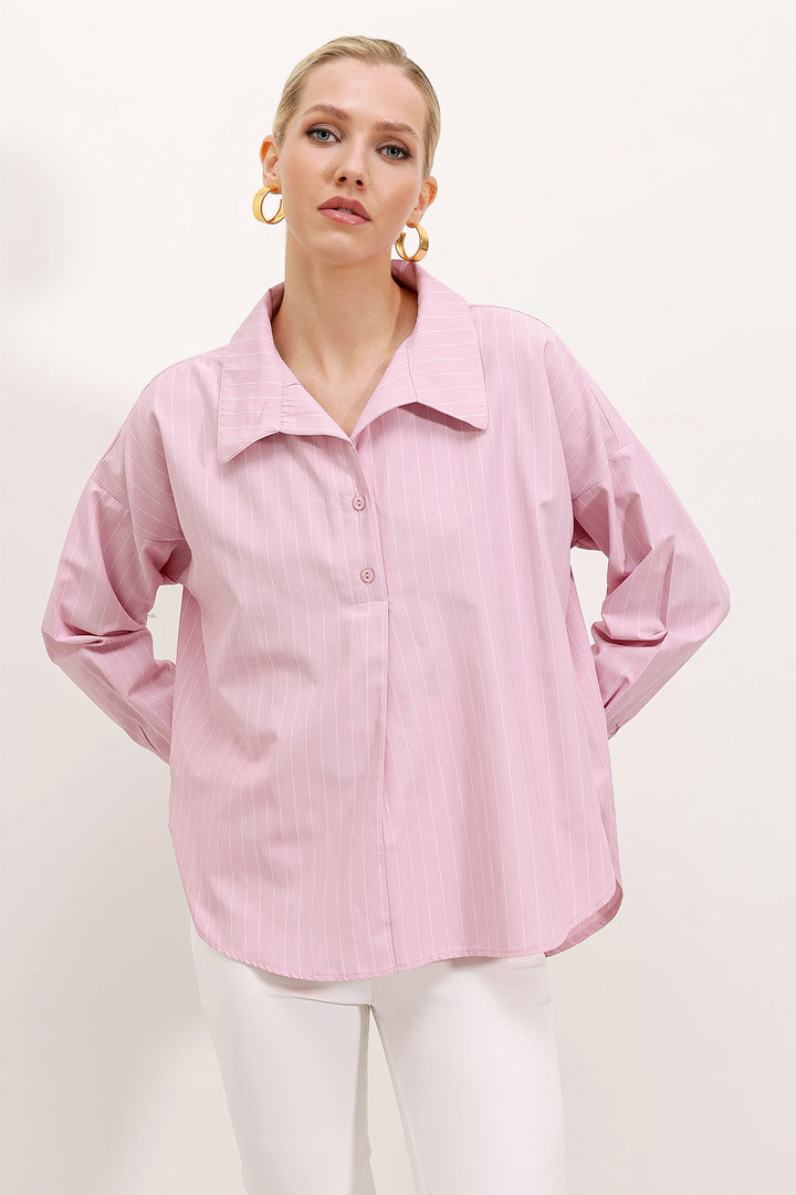 BGD Women Wide Striped Oversized Shirt - Pink - Avondale