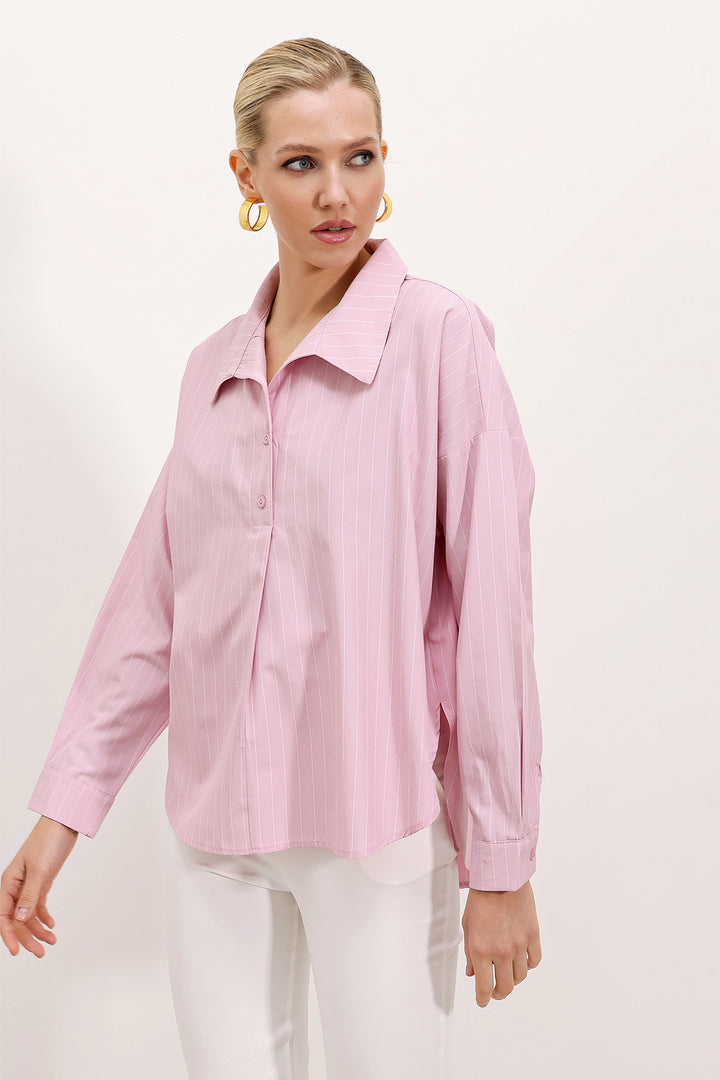 BGD Women Wide Striped Oversized Shirt - Pink - Avondale