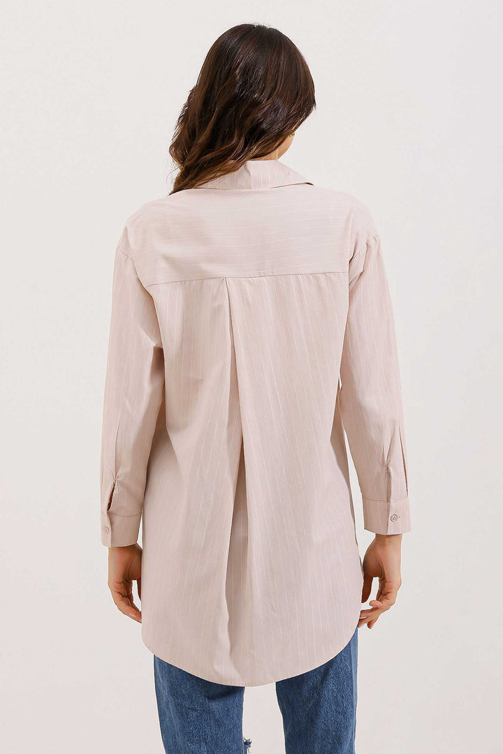 BGD Women Cep Detaylı Çizgili Oversize Gömlek - Bej - Hawthorne