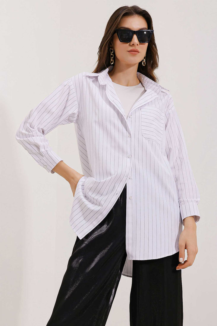 BGD Women Pocket Detailed Striped Oversized Shirt - White - Fort Myers