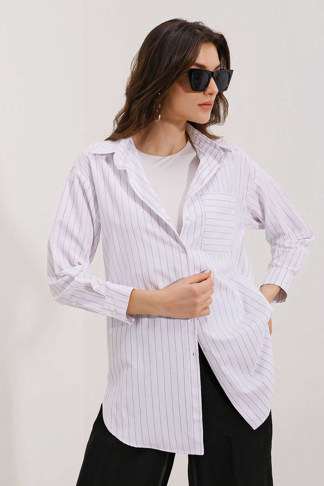 BGD Women Pocket Detailed Striped Oversized Shirt - White - Fort Myers