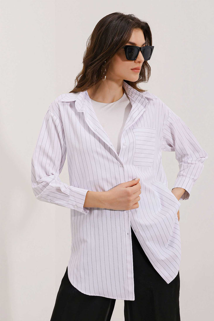 BGD Women Pocket Detailed Striped Oversized Shirt - White - Fort Myers