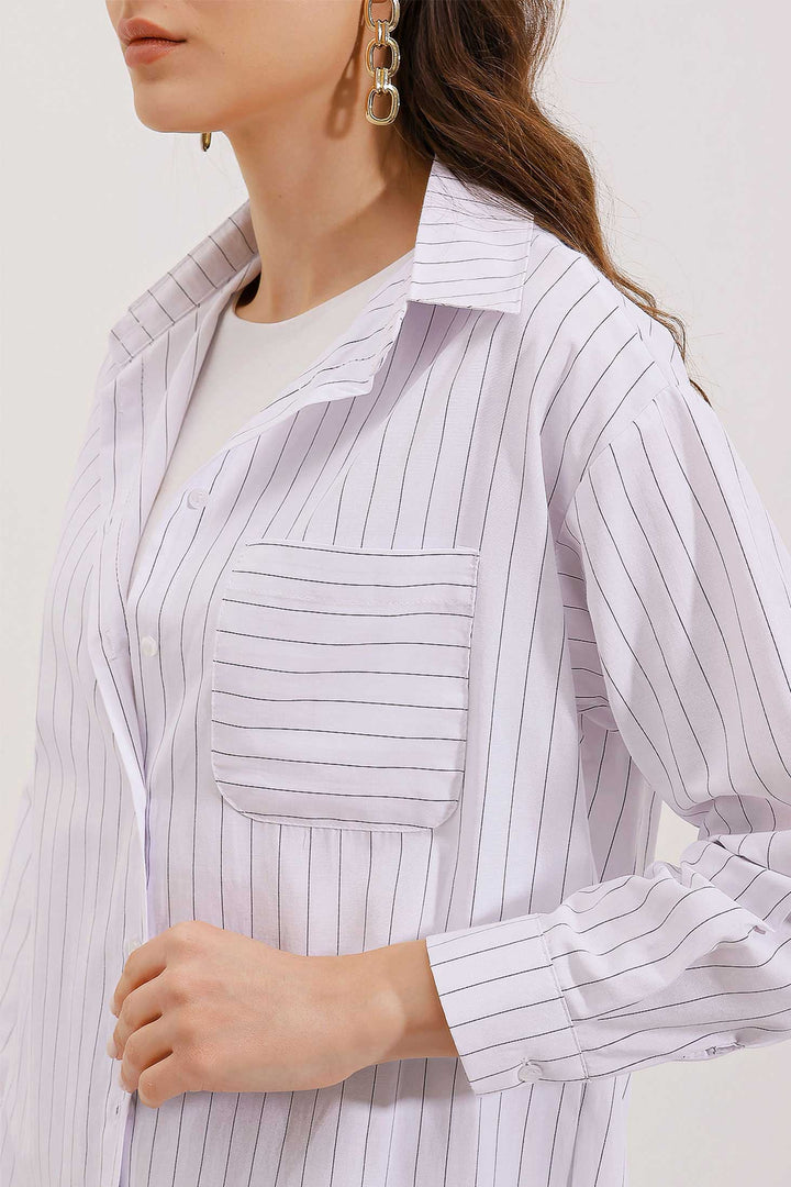 BGD Women Pocket Detailed Striped Oversized Shirt - White - Fort Myers