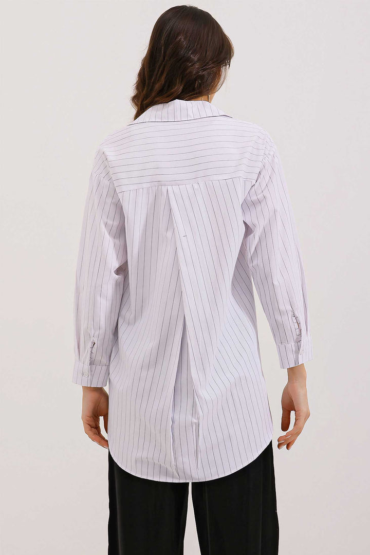 BGD Women Pocket Detailed Striped Oversized Shirt - White - Fort Myers