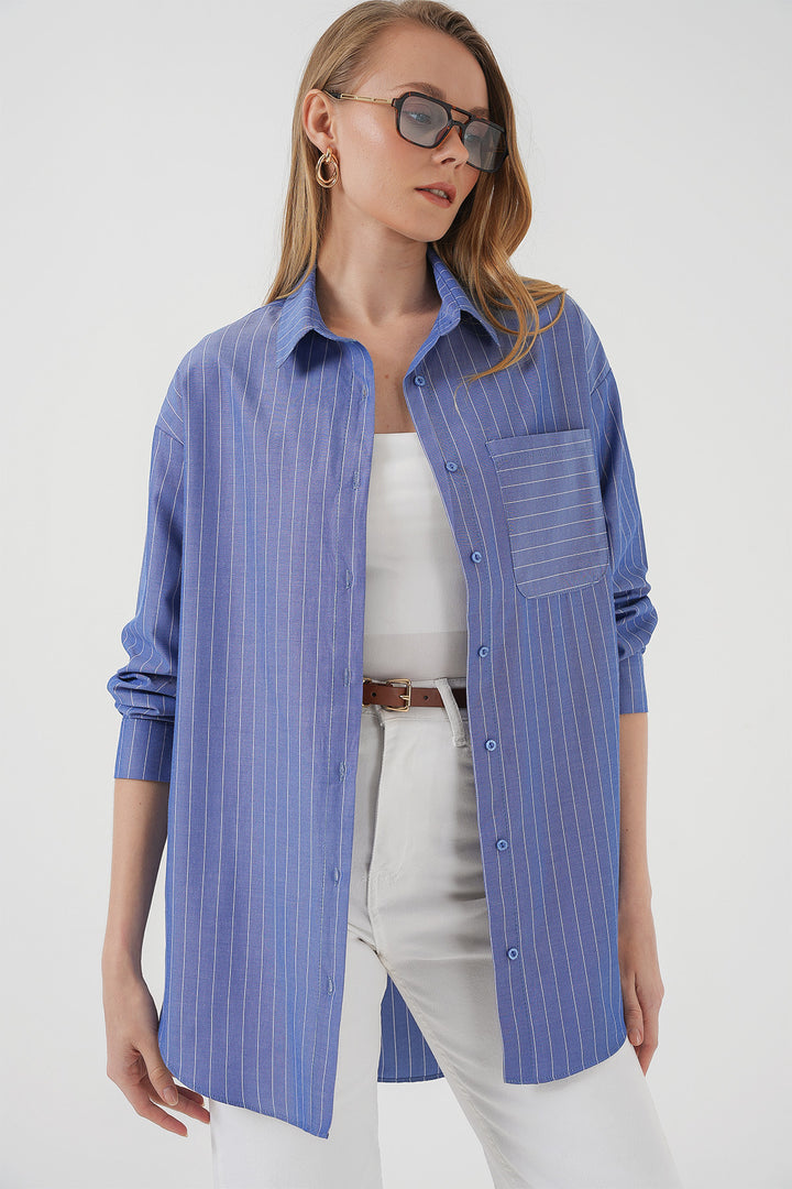 BGD Women Mobile Detailed Striped Oversized Shirt - Indigo - Schweinfurt