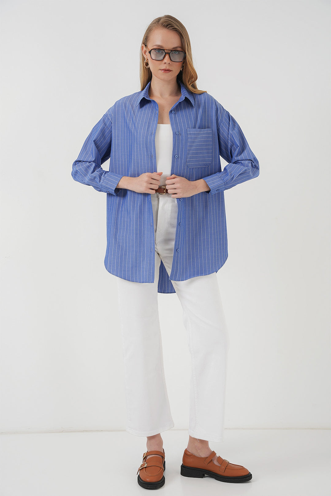 BGD Women Mobile Detailed Striped Oversized Shirt - Indigo - Schweinfurt