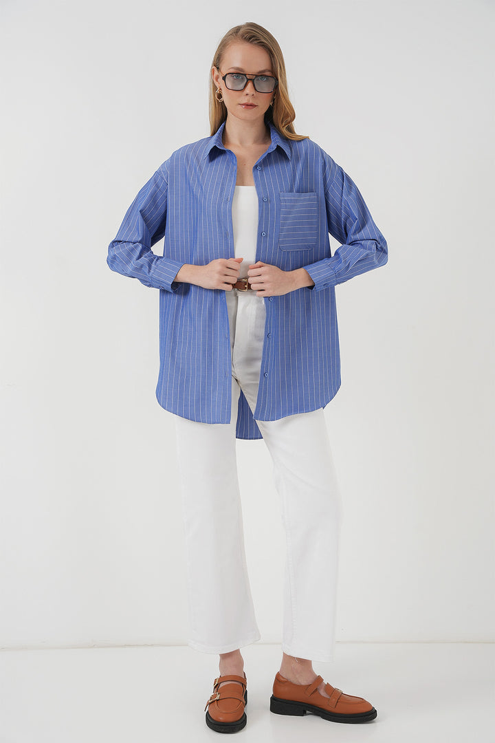 BGD Women Mobile Detailed Striped Oversized Shirt - Indigo - Schweinfurt