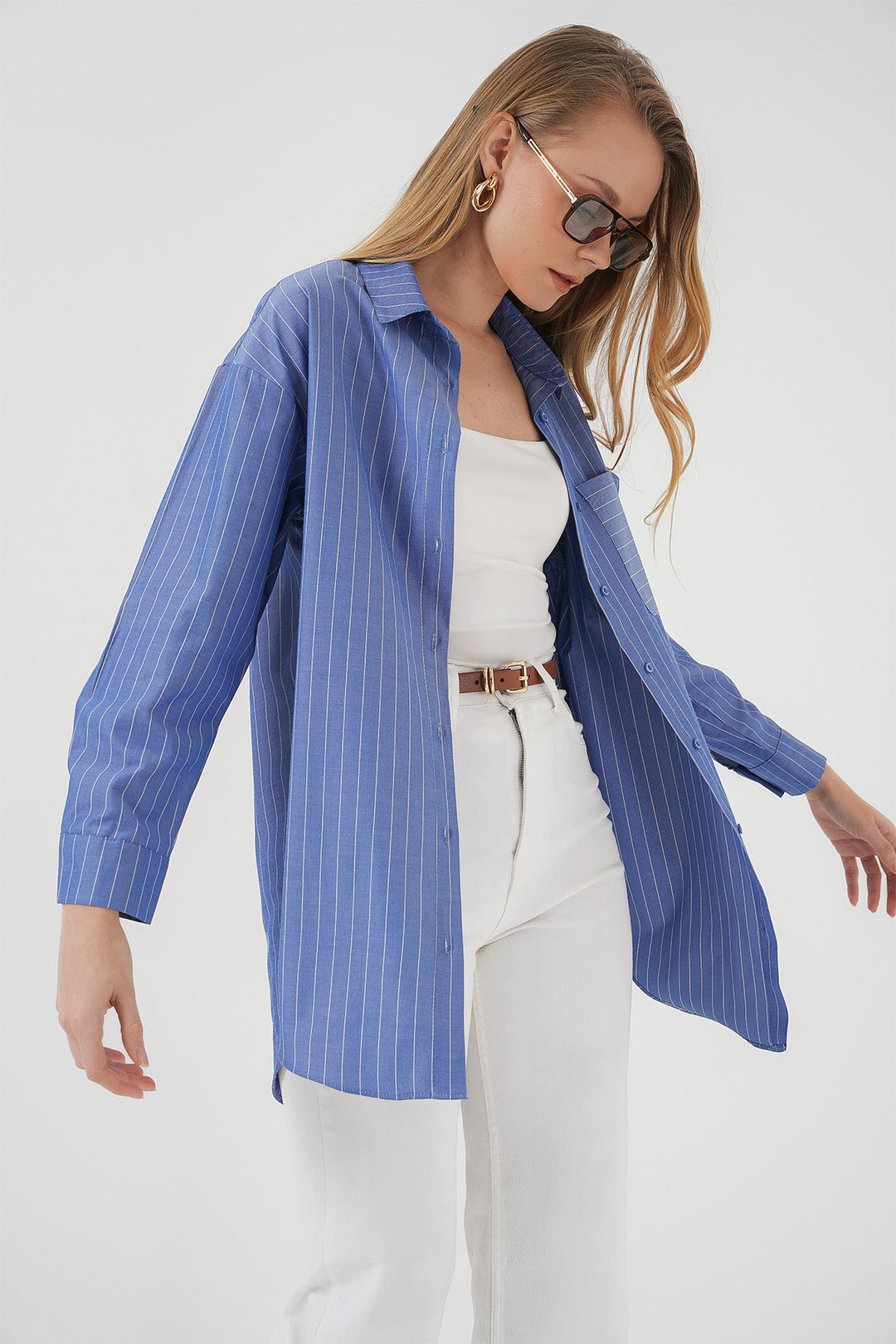 BGD Women Mobile Detailed Striped Oversized Shirt - Indigo - Schweinfurt