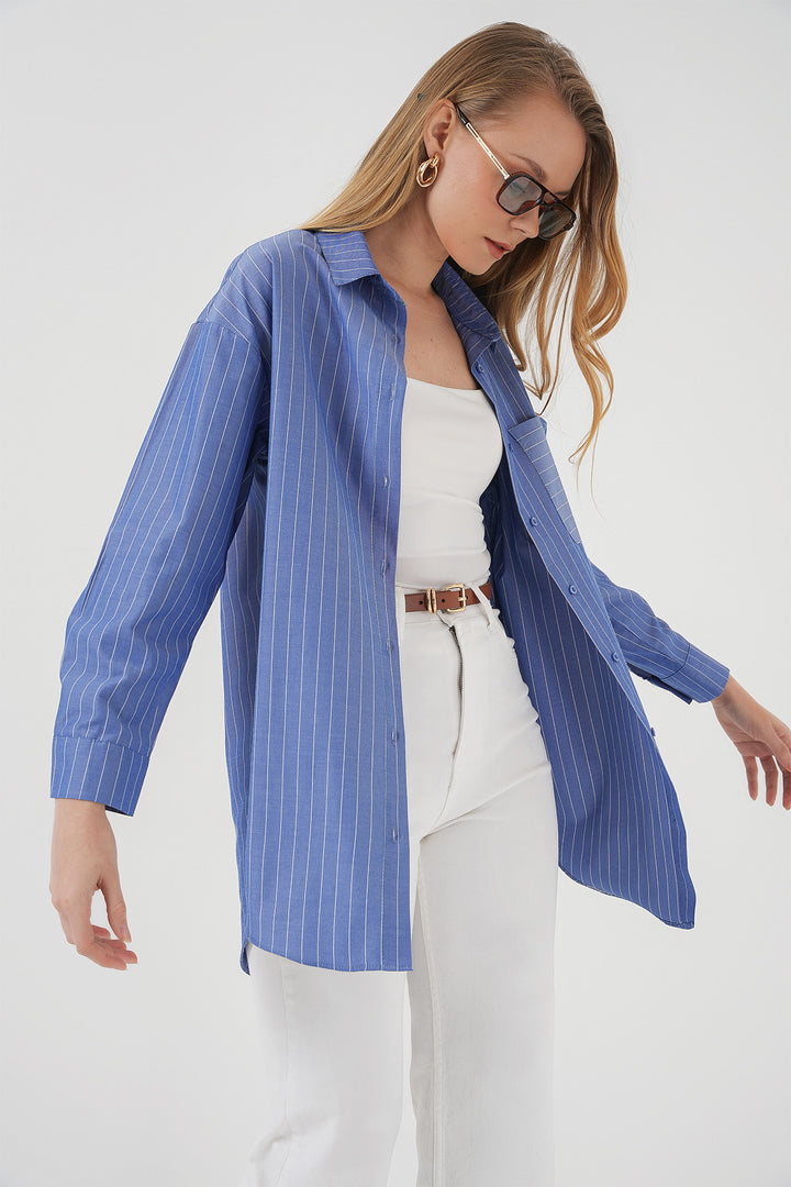 BGD Women Mobile Detailed Striped Oversized Shirt - Indigo - Schweinfurt