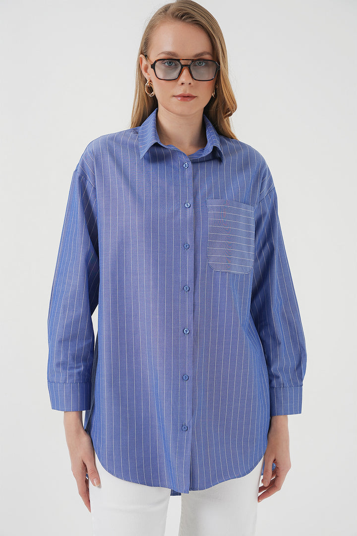 BGD Women Mobile Detailed Striped Oversized Shirt - Indigo - Schweinfurt