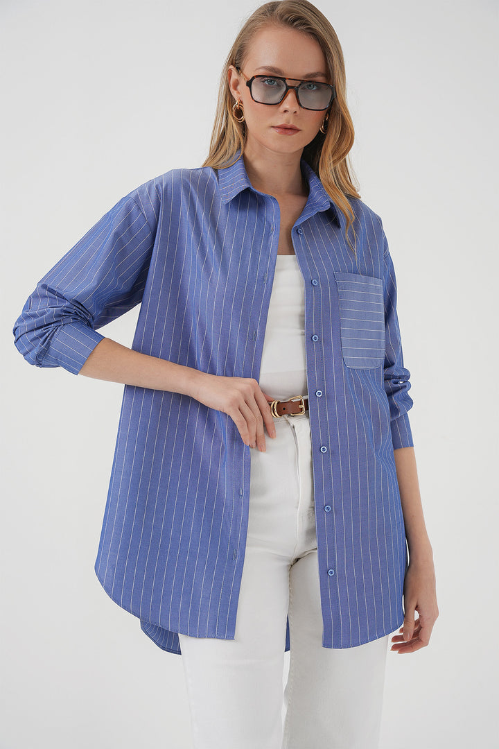 BGD Women Mobile Detailed Striped Oversized Shirt - Indigo - Schweinfurt