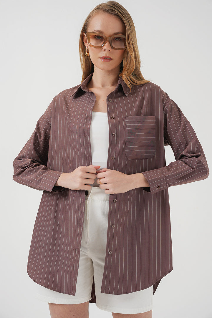 BGD Women Pocket Detailed Striped Oversized Shirt - Brown - El Mirage