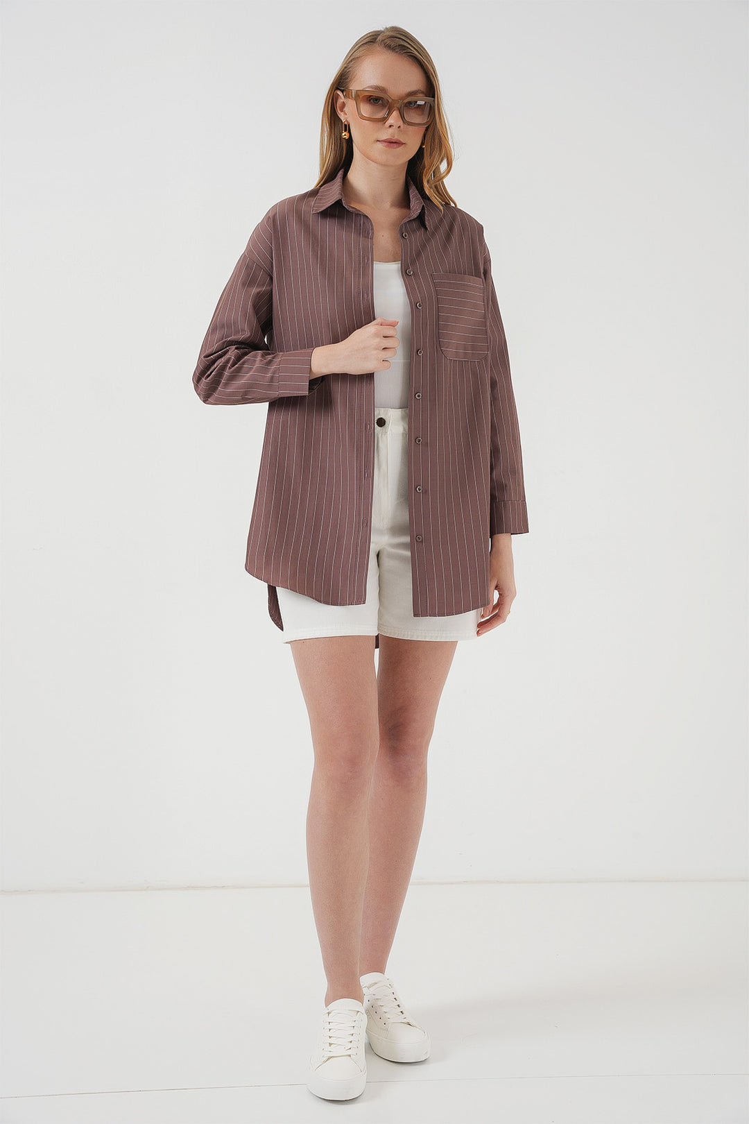 BGD Women Pocket Detailed Striped Oversized Shirt - Brown - El Mirage