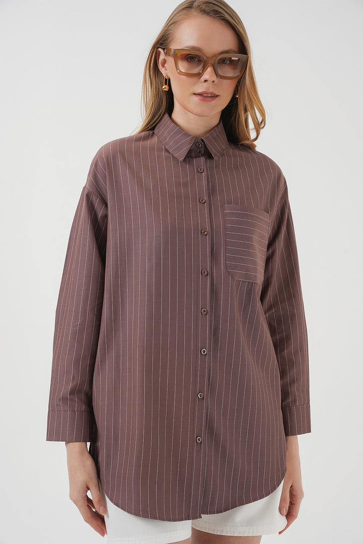 BGD Women Pocket Detailed Striped Oversized Shirt - Brown - El Mirage