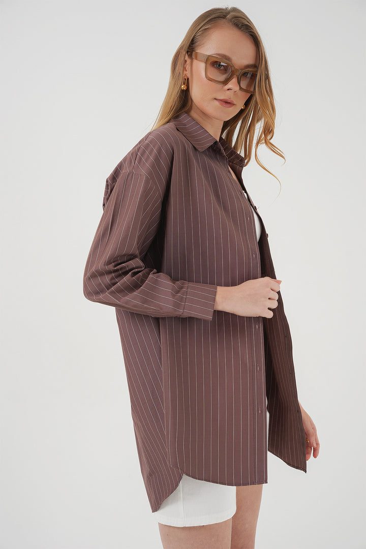 BGD Women Pocket Detailed Striped Oversized Shirt - Brown - El Mirage