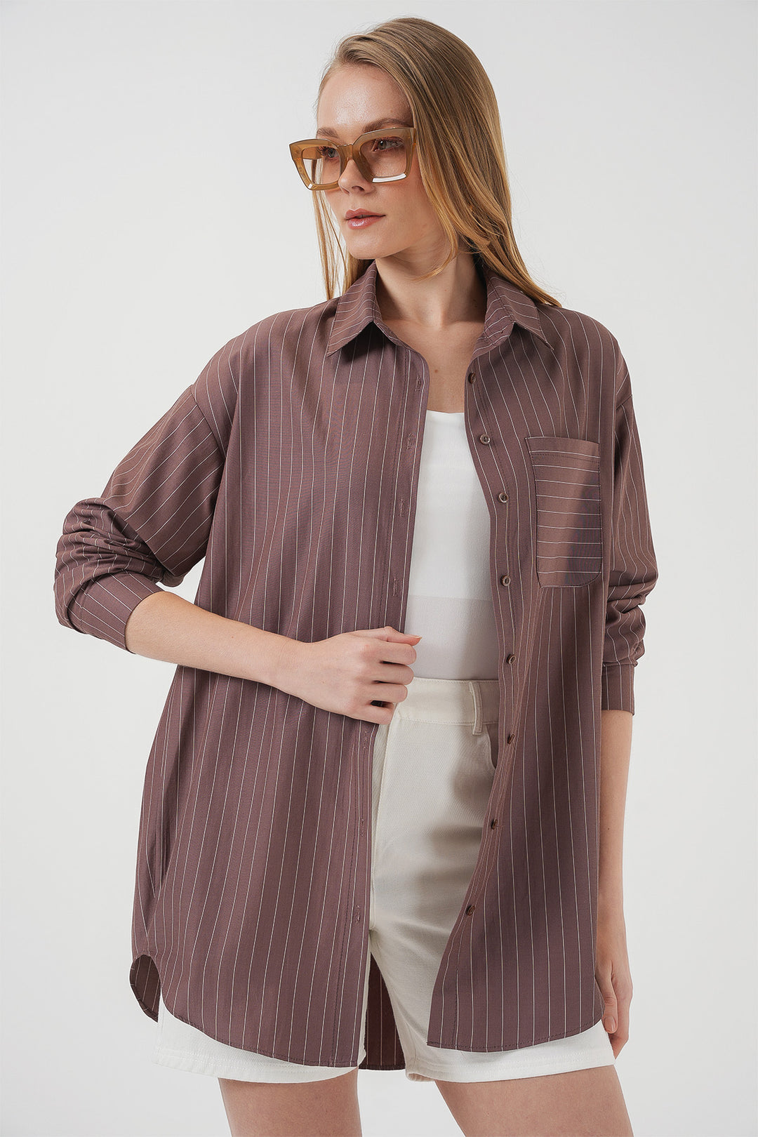BGD Women Pocket Detailed Striped Oversized Shirt - Brown - El Mirage