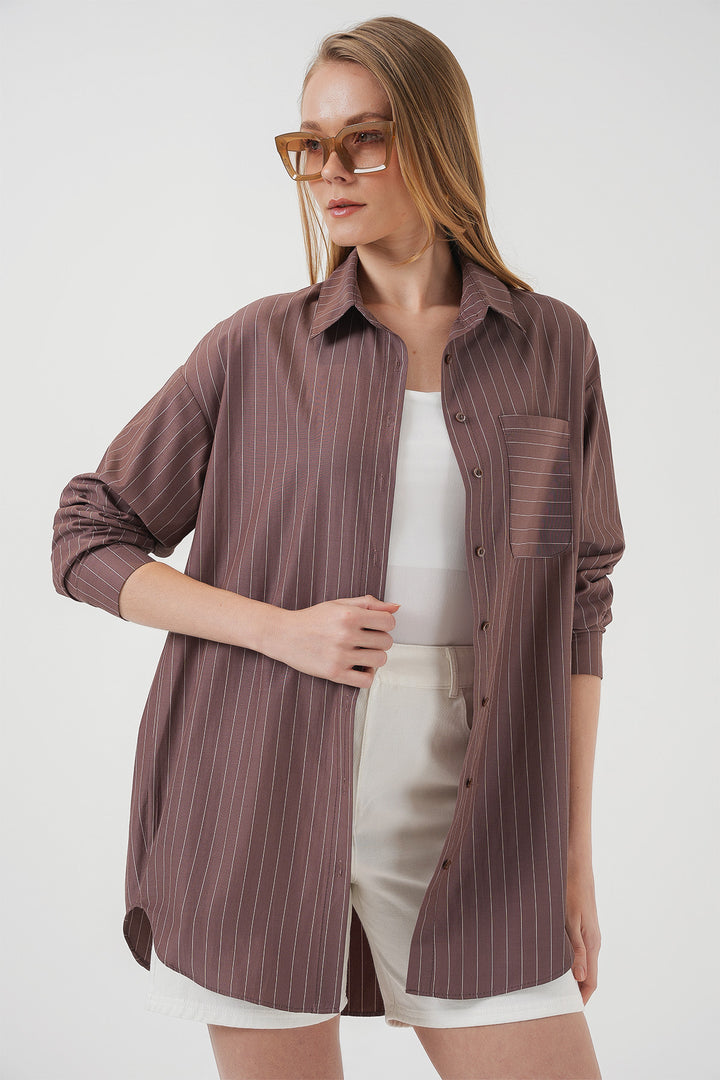 BGD Women Pocket Detailed Striped Oversized Shirt - Brown - El Mirage