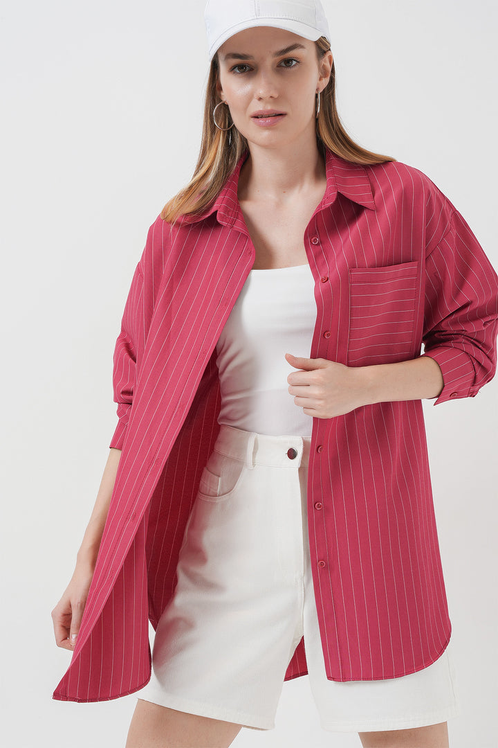 BGD Women Pocket Detailed Striped Oversized Shirt - Red - Lisburn