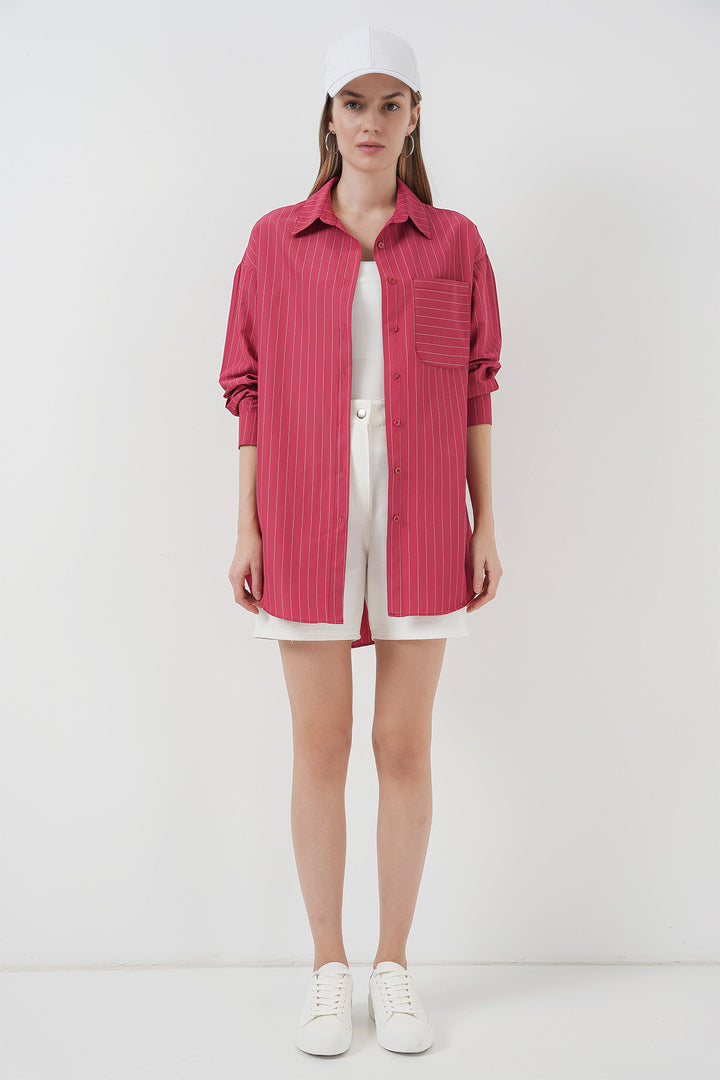 BGD Women Pocket Detailed Striped Oversized Shirt - Red - Lisburn