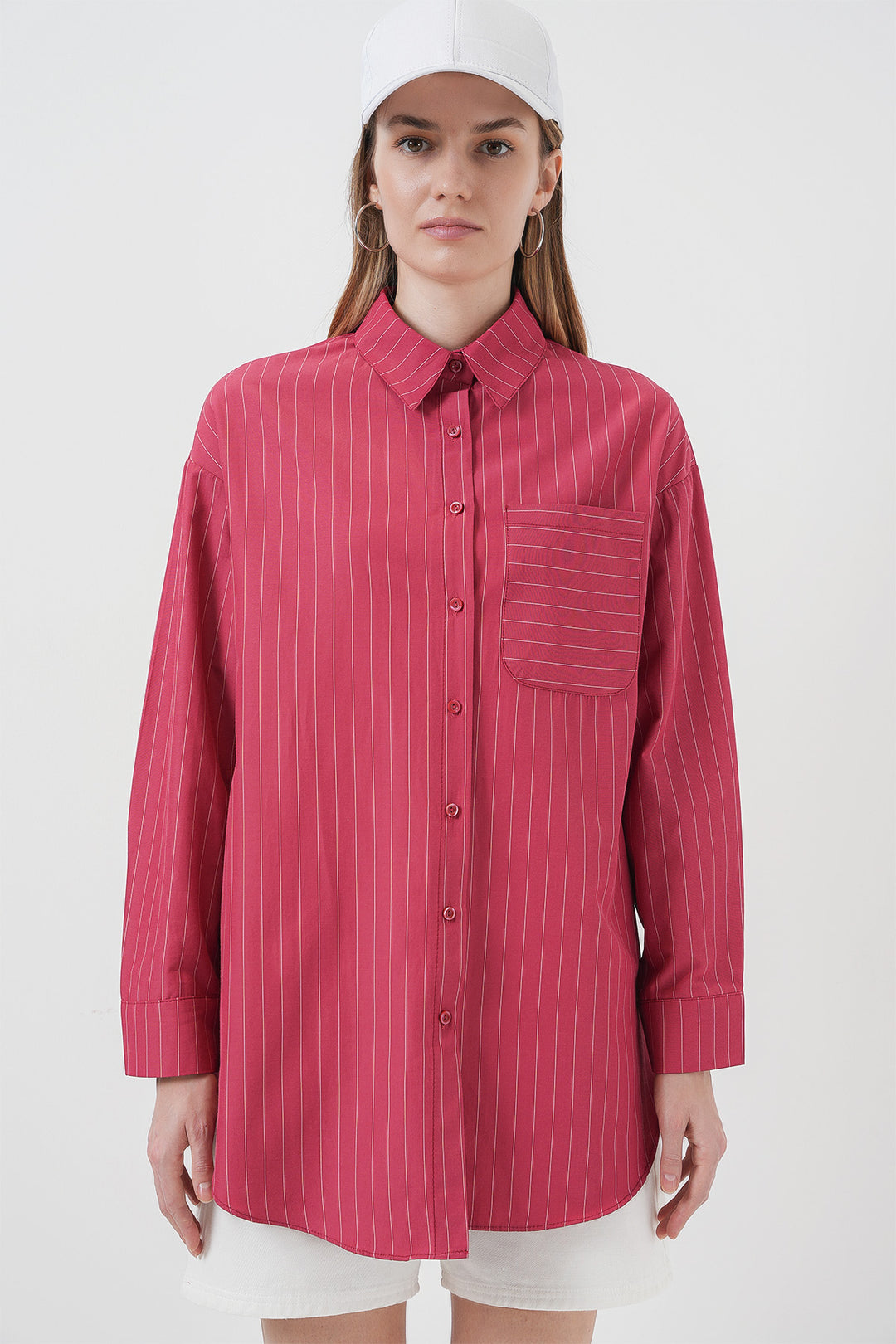 BGD Women Pocket Detailed Striped Oversized Shirt - Red - Lisburn